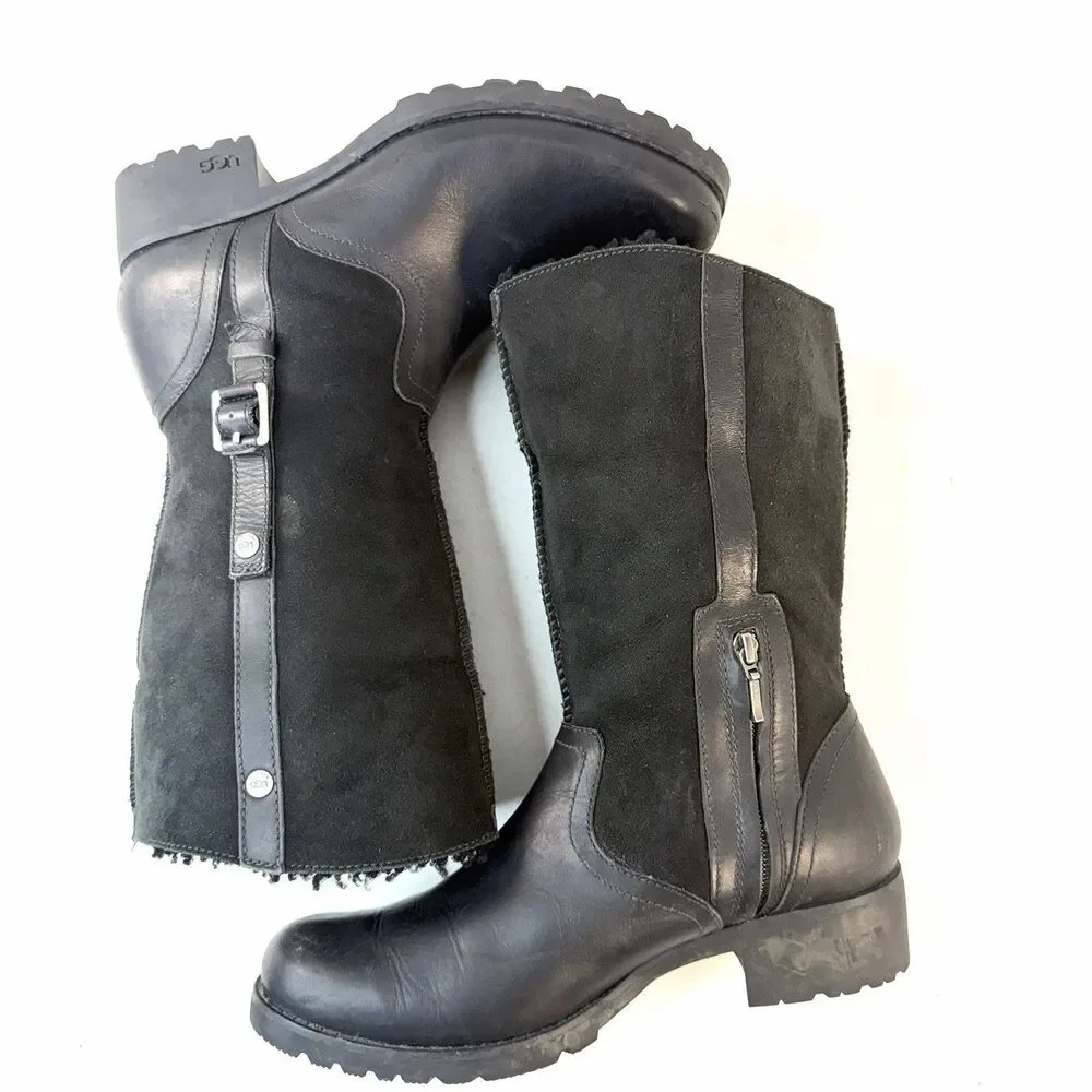 UGG Australia Bellevue Shearling Fold Over Moto Black Leather Boots Sz 10 U.S.